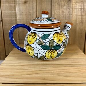 World Bazaar Teapot Colorful Fruit Leaves Yellow Blue Deco Decorative 7” Tall